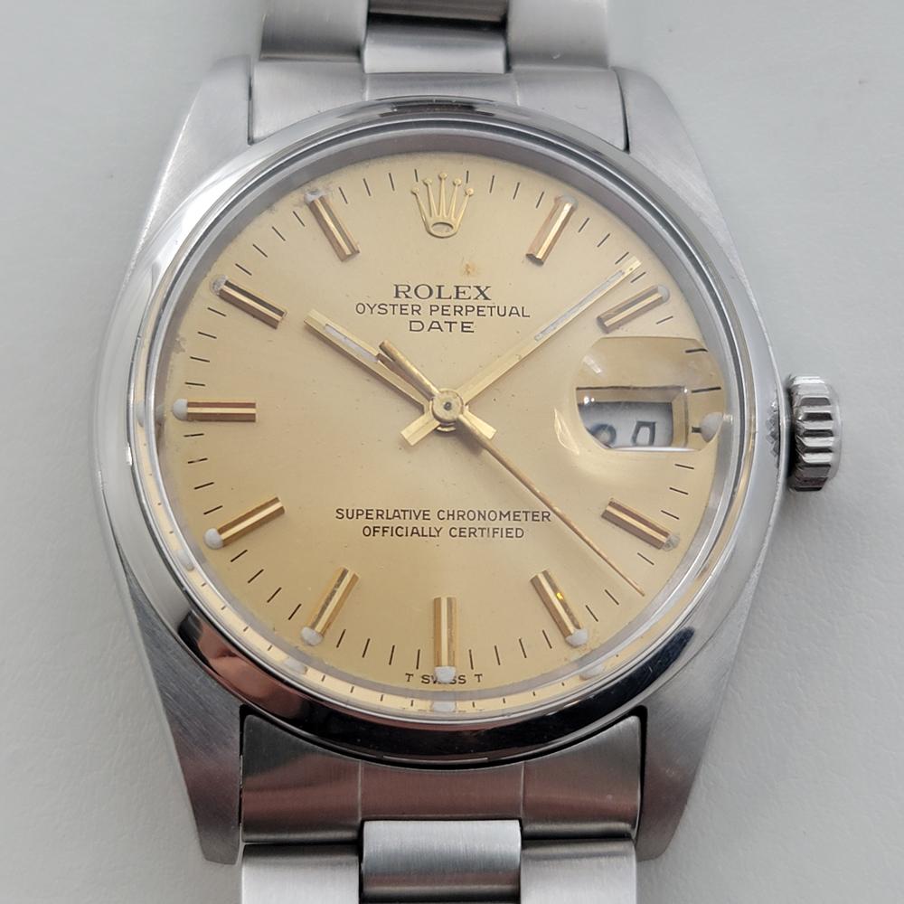 Iconic classic, Men's Rolex Oyster Perpetual Date 15000 automatic, c.1987, all original, in excellent working condition. Verified authentic by a master watchmaker. Gorgeous Rolex signed gold dial, applied silver index hour markers, gilt minute and