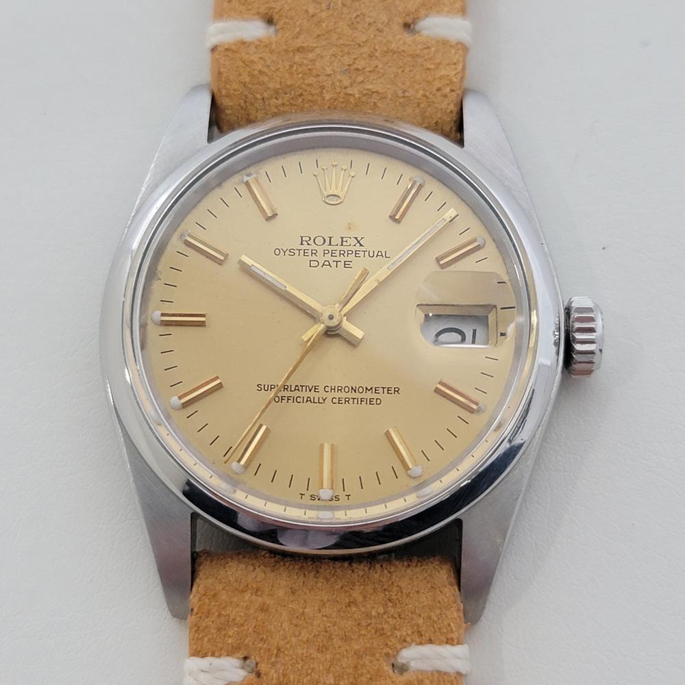 Timeless classic, Men's Rolex Oyster Perpetual Date 15000 automatic, c.1987,in excellent working condition. Verified authentic by a master watchmaker. Gorgeous Rolex signed gold dial, applied silver index hour markers, gilt minute and hour hands,