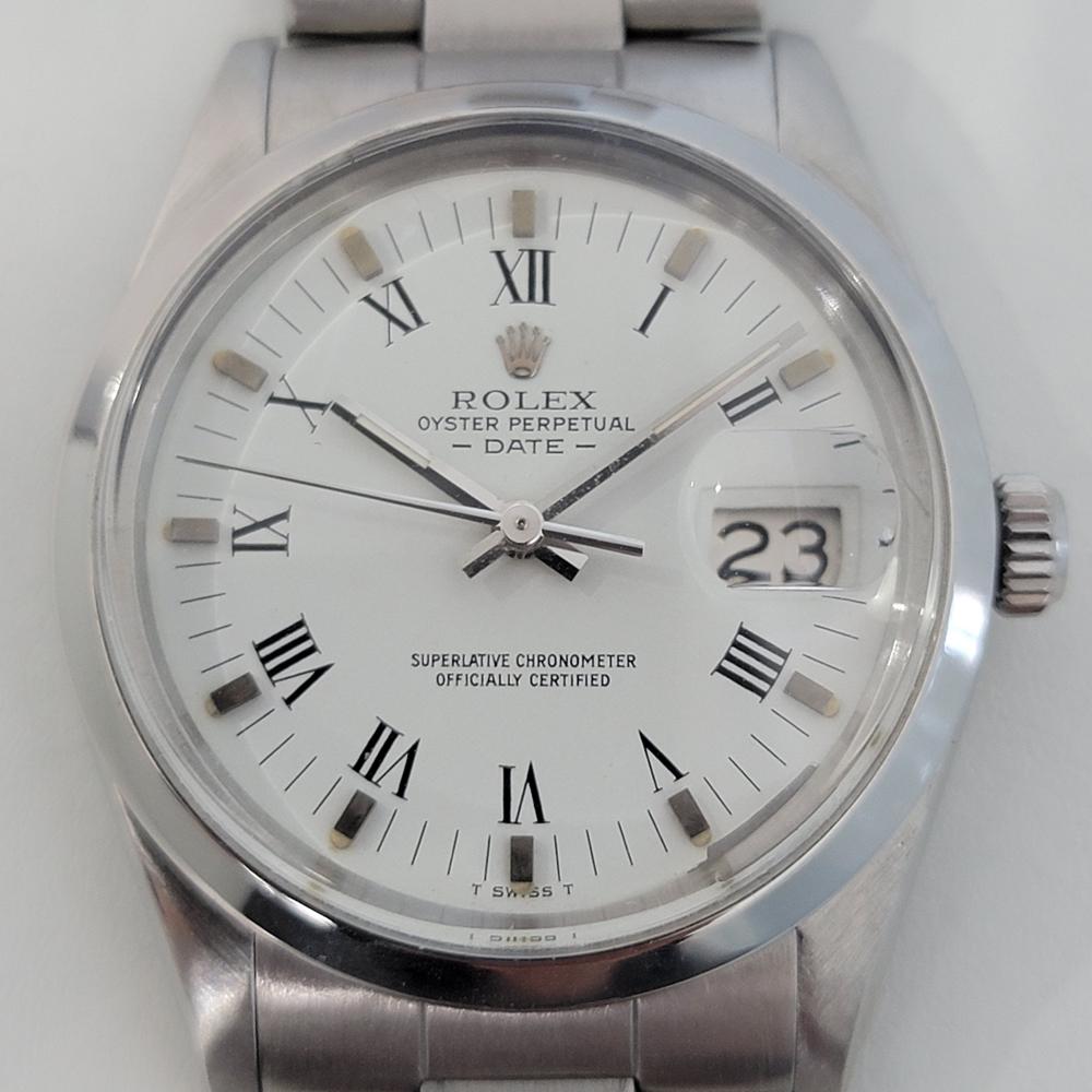 Iconic classic, men's Rolex Oyster Perpetual Date 15000 automatic, c.1981, all original, with original Rolex paper. Verified authentic by a master watchmaker. Stunning Rolex signed polar white dial, applied silver indice and printed black Roman