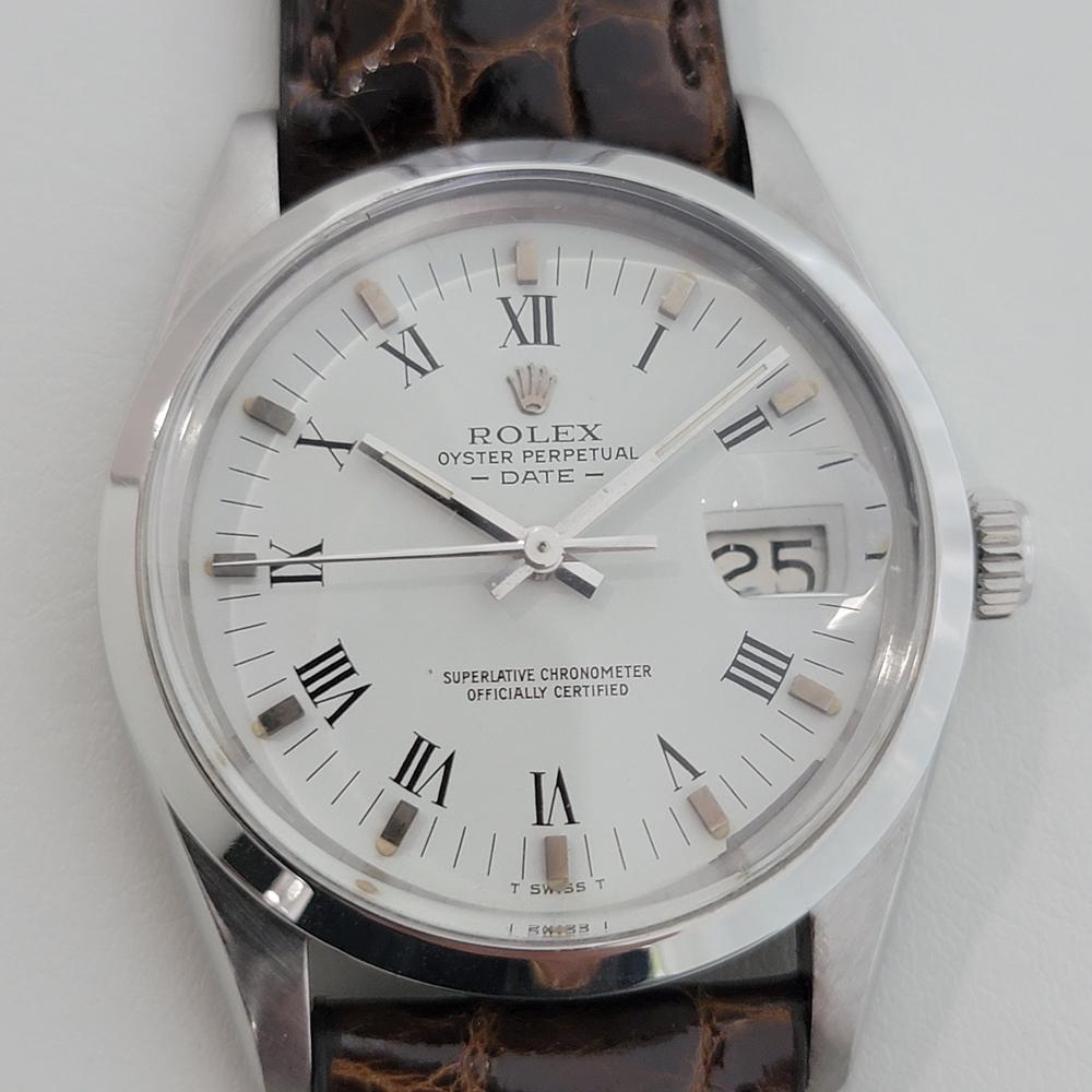 Classic icon, Men's Rolex Oyster Perpetual Date Ref.15000 automatic, c.1981, with original Rolex paper. Verified authentic by a master watchmaker. Stunning Rolex signed polar white dial, applied silver indice and printed black Roman numeral hour