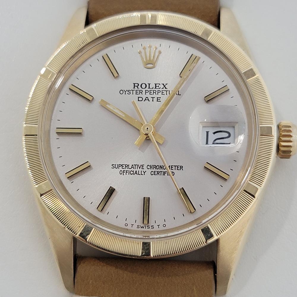 Classic icon, Men's 14k solid gold Rolex Oyster Perpetual Date ref.1501 automatic, c.1973, in excellent working condition. Verified authentic by a master watchmaker. Gorgeous Rolex signed dial, applied baton indice hour markers, gilt minute and hour