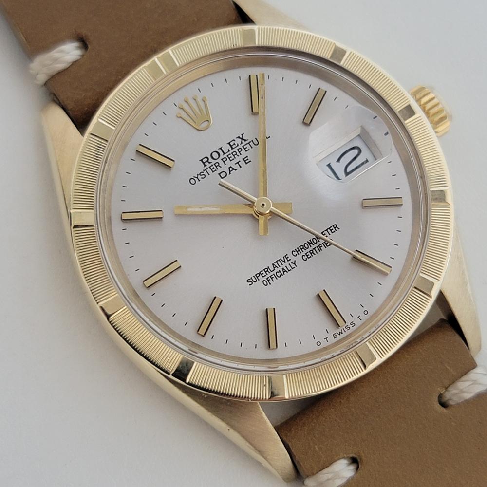 Mens Rolex Oyster Perpetual Date Ref 1501 14k Gold 35mm Automatic 1970s NA136 In Excellent Condition In Beverly Hills, CA