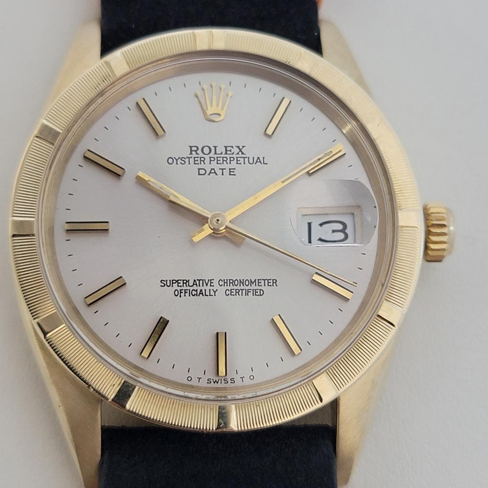 Iconic classic, Men's 14k solid gold Rolex Oyster Perpetual Date ref.1501 automatic, c.1973, in excellent working condition. Verified authentic by a master watchmaker. Gorgeous Rolex signed dial, applied baton indice hour markers, gilt minute and