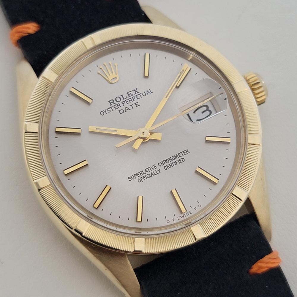 Mens Rolex Oyster Perpetual Date Ref 1501 14k Gold 35mm Automatic 1970s NA136B In Excellent Condition In Beverly Hills, CA