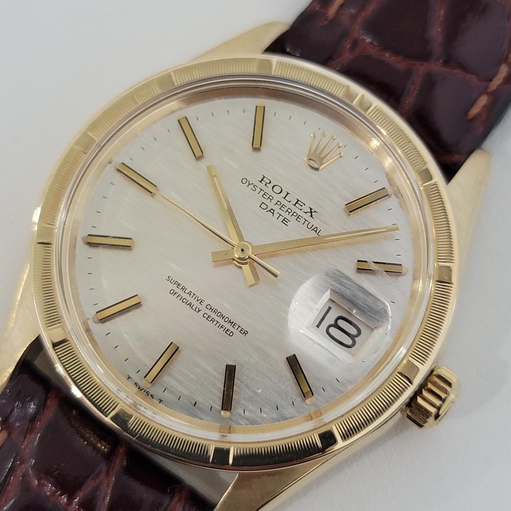 Mens Rolex Oyster Perpetual Date Ref 1501 35mm 14k Gold Automatic 1970s RA220B In Excellent Condition In Beverly Hills, CA