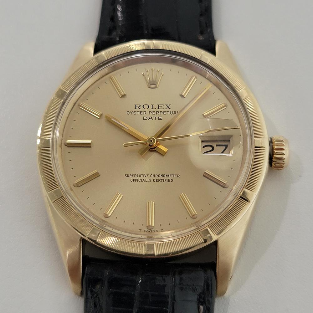 Timeless classic, Men's 14k solid gold Rolex Ref 1501 Oyster Perpetual automatic, c.1972. Verified authentic by a master watchmaker. Gorgeous Rolex signed gold dial, applied indice, gilt minute and hour hands, sweeping central second hand, date