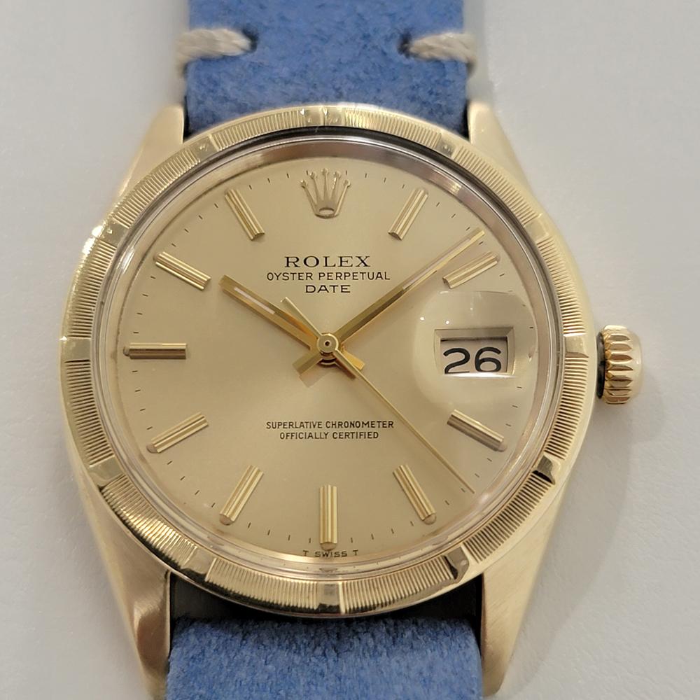Timeless luxury, Men's solid 14k gold Rolex 1501 Oyster Perpetual automatic, c.1970s. Verified authentic by a master watchmaker. Gorgeous Rolex signed gold dial, applied indice, gilt minute and hour hands, sweeping central second hand, date display