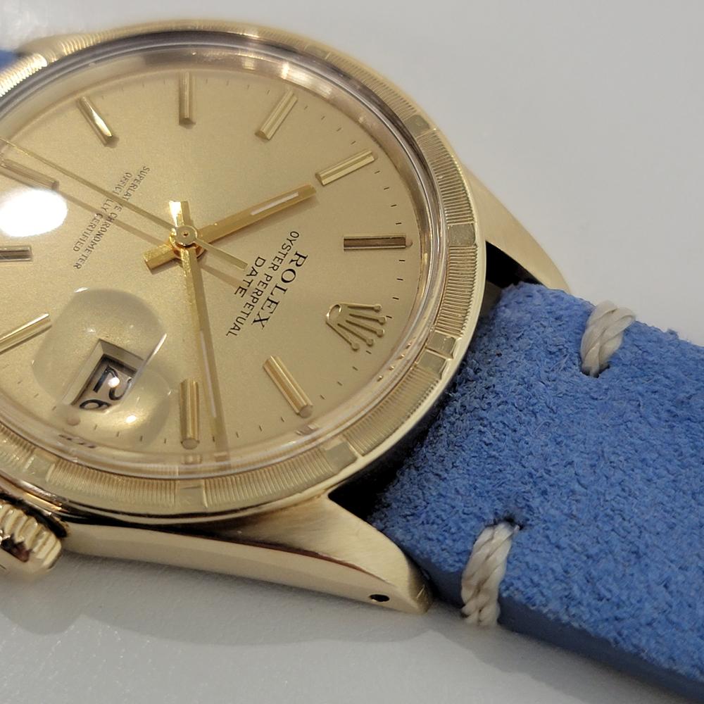 Mens Rolex Oyster Perpetual Date Ref 1501 35mm 14k Gold Automatic 1970s RA351B In Excellent Condition For Sale In Beverly Hills, CA