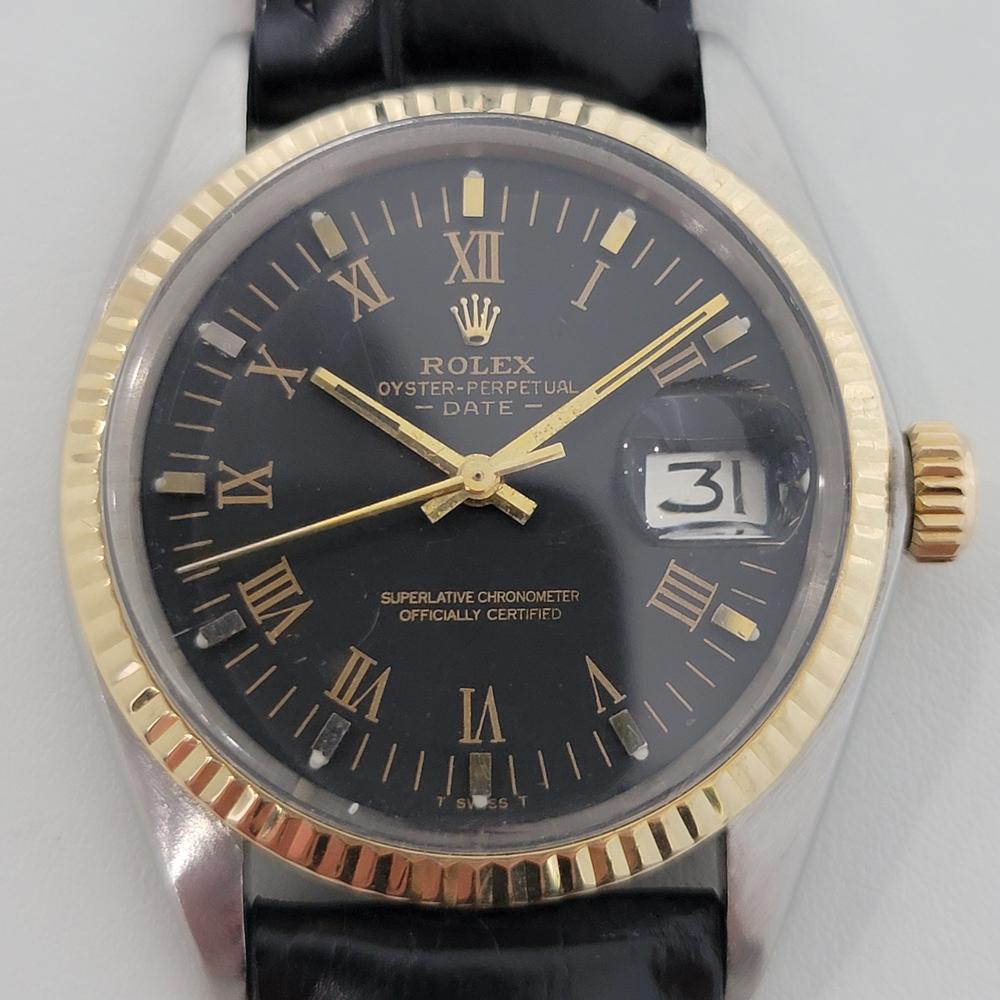 Timeless luxury, Men's Rolex Oyster Perpetual Date ref.1501 automatic, c.1975. Verified authentic by a master watchmaker. Stunning original Rolex signed black dial, applied gold indice and Roman numeral hour markers, date display at the 3 position,