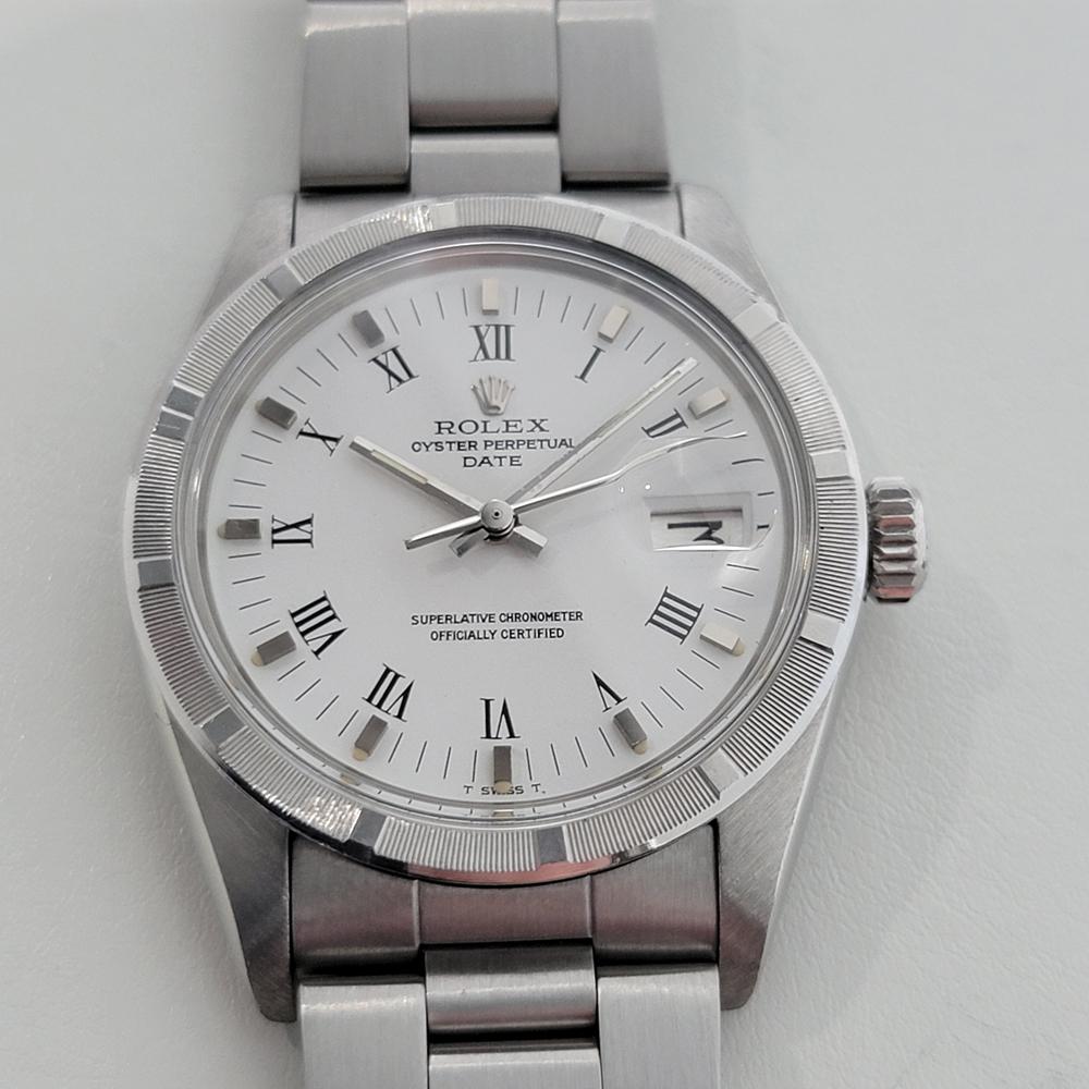 Timeless classic, Men's Rolex Oyster Perpetual Date Ref.1501 automatic, c.1978, all original. Verified authentic by a master watchmaker. Gorgeous Rolex-signed polar white dial, applied indice and printed Roman numeral hour markers, silver minute and