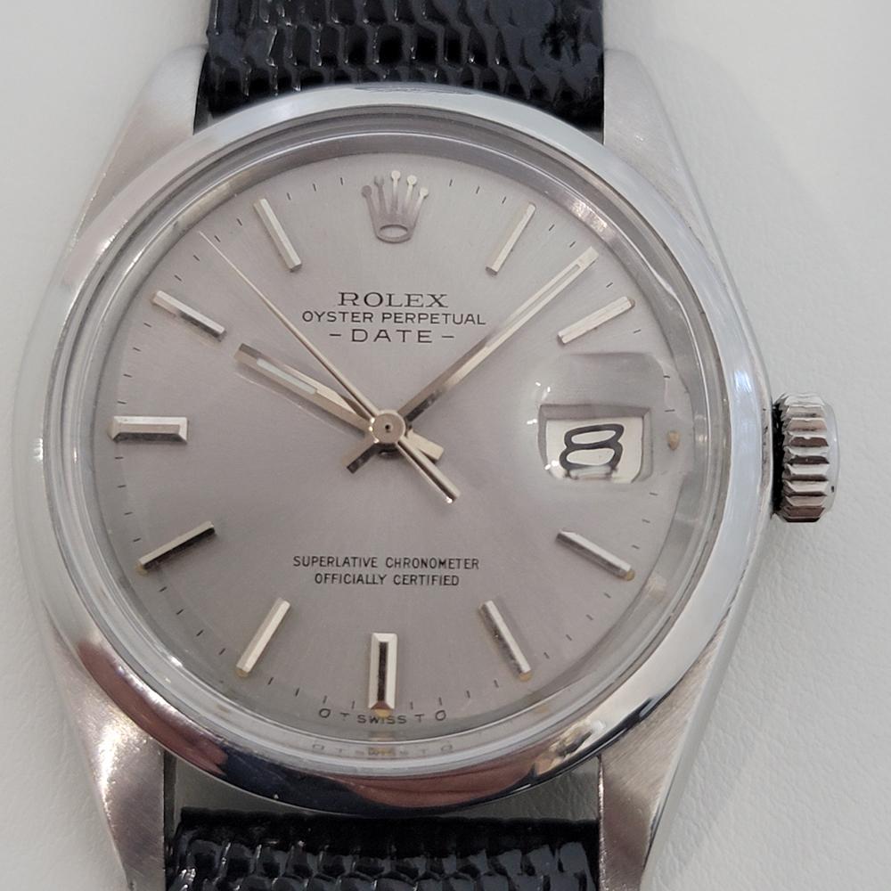 Timeless classic, Men's Rolex Oyster Perpetual Date 1501 automatic, c.1973, with original Rolex paper. Verified authentic by a master watchmaker. Gorgeous Rolex signed silver dial, applied silver indice hour markers, silver minute and hour hands,