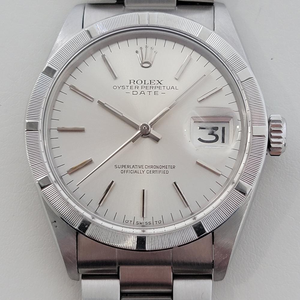 Timeless classic, Men's Rolex Oyster Perpetual Date Ref.1501 automatic, c.1970s, all original, in excellent working condition. Verified authentic by a master watchmaker. Gorgeous Rolex signed silver dial, applied baton index hour markers, silver
