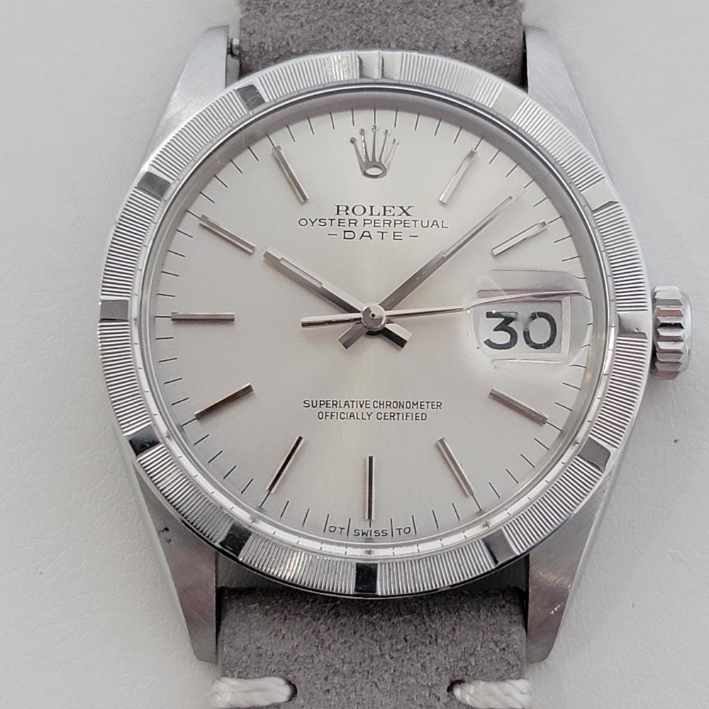Classic icon, Men's Rolex Oyster Perpetual Date Ref.1501 automatic, c.1970s, in excellent working condition. Verified authentic by a master watchmaker. Gorgeous Rolex signed silver dial, applied baton index hour markers, silver minute and hour