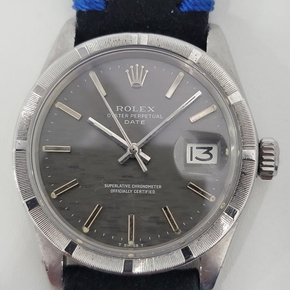 Timeless classic, Men's Rolex Oyster Perpetual Date Ref.1501 automatic, c.1972. Verified authentic by a master watchmaker. Gorgeous Rolex-signed grey textured dial, applied indice hour markers, silver minute and hour hands, sweeping central second