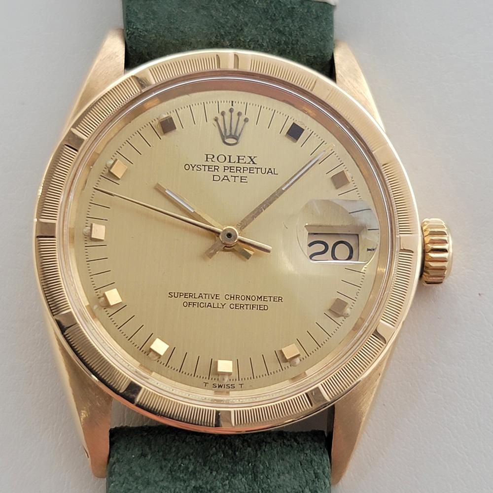 Luxurious iconic classic, Men's 14k solid gold Rolex Oyster Perpetual Date Ref.1501 automatic, c.1967, in excellent working condition. Verified authentic by a master watchmaker. Gorgeous Rolex signed gold dial, unique raised index hour markers, gilt