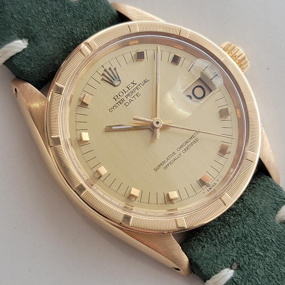 Mens Rolex Oyster Perpetual Date Ref 1501 Solid 14k Gold Automatic 1960s RA496 In Excellent Condition For Sale In Beverly Hills, CA