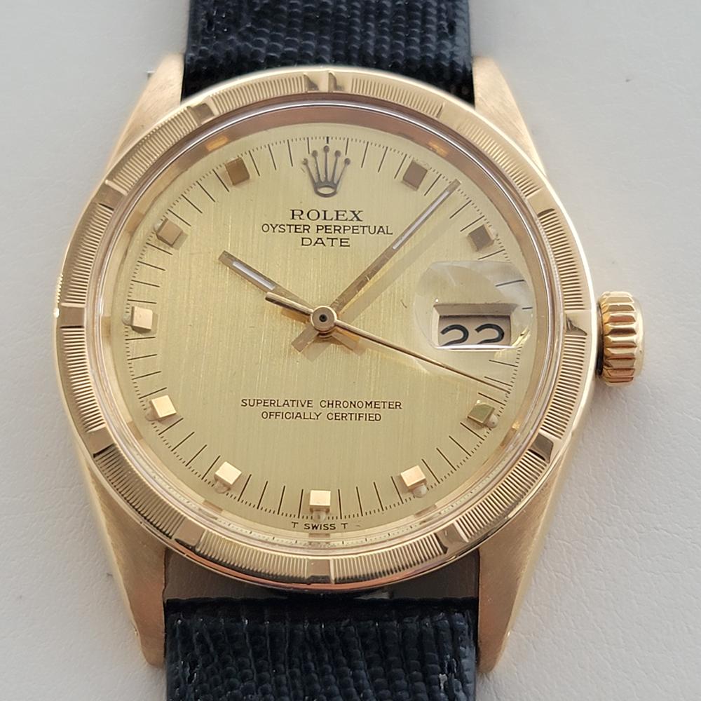 Timeless luxury, Men's Rolex 14k solid gold Oyster Perpetual Date 1501 automatic, c.1967, in excellent working condition. Verified authentic by a master watchmaker. Gorgeous Rolex signed gold dial, unique raised index hour markers, gilt minute and