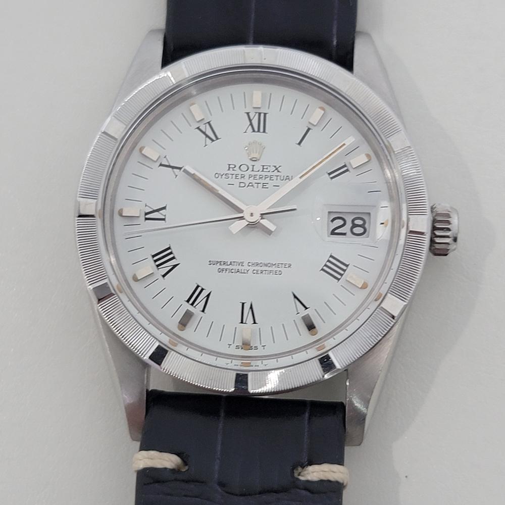 Modern classic, Men's Rolex Oyster Perpetual 15010 Date automatic polar dial, c.1984, in excellent working condition. Verified authentic by a master watchmaker. Gorgeous Rolex signed polar white dial, applied baton index and black Roman numeral hour
