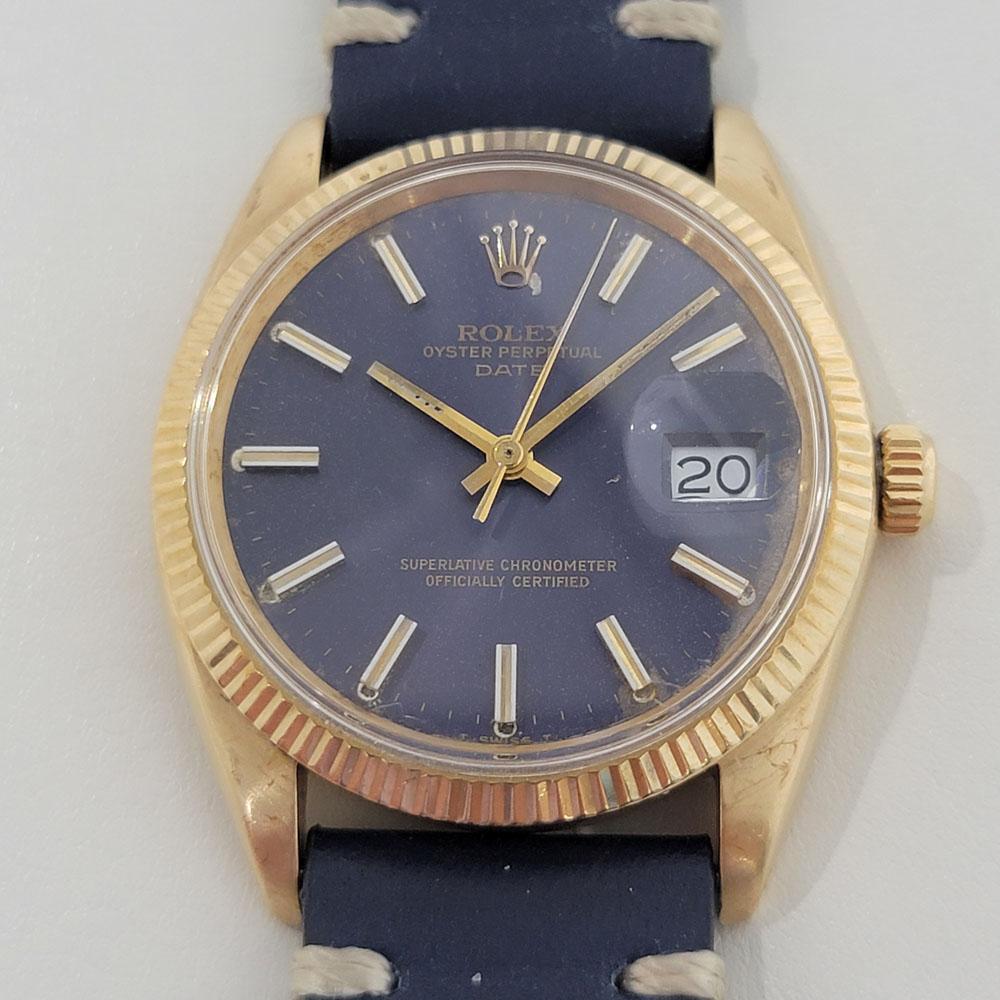 Iconic luxury, Men's solid 14k gold Rolex Oyster Perpetual Date ref.1503 automatic, c.1968. Verified authentic by a master watchmaker. Stunning Rolex signed original blue dial, applied gold indice hour markers, gilt minute and hour hands, sweeping
