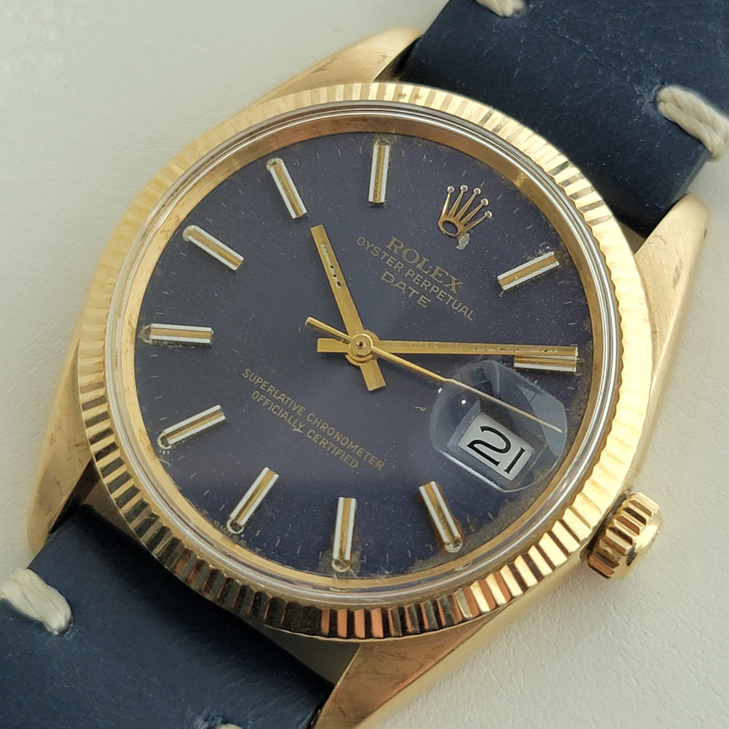 Iconic luxury, Men's solid 14k gold Rolex Oyster Perpetual Date ref.1503 automatic, c.1968. Verified authentic by a master watchmaker. Stunning Rolex signed original blue dial, applied gold indice hour markers, gilt minute and hour hands, sweeping