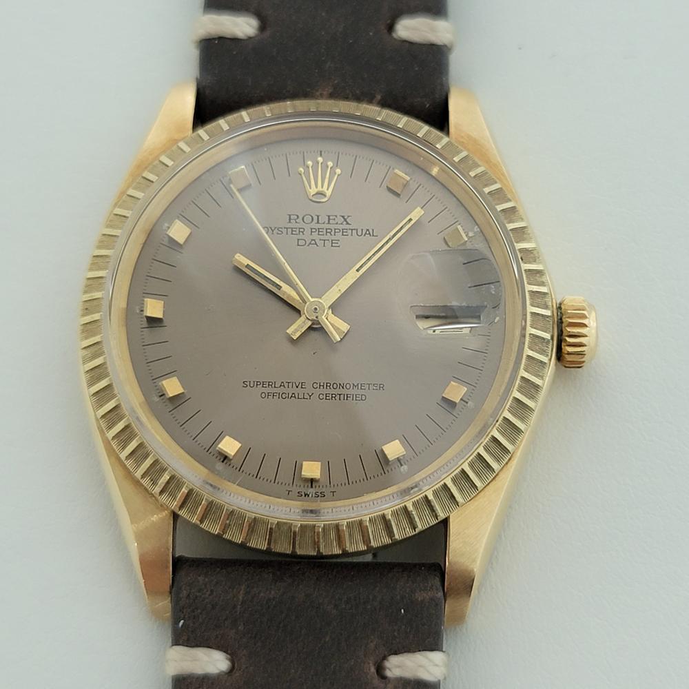 Luxurious classic, Men's Rolex 1504 Oyster Perpetual Date solid 14k gold automatic, c.1970s. Verified authentic by a master watchmaker. Gorgeous Rolex signed dial, applied gold indice hour markers, gilt minute and hour hands, sweeping central second