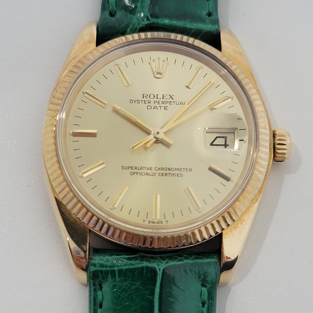 Luxurious classic, Men's 14k solid gold Rolex Oyster Perpetual Date ref.1503 automatic, c.1979. Verified authentic by a master watchmaker. Gorgeous Rolex signed champagne dial, applied gold indice hour markers, gilt minute and hour hands, sweeping