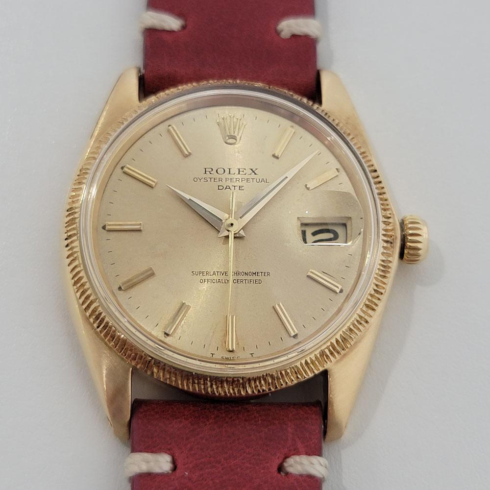 Luxurious classic, Men's 18k solid gold Rolex Oyster Perpetual Date ref.1503 automatic, c.1960s. Verified authentic by a master watchmaker. Gorgeous Rolex signed gold dial, applied gold indice hour markers, gilt minute and hour hands, sweeping