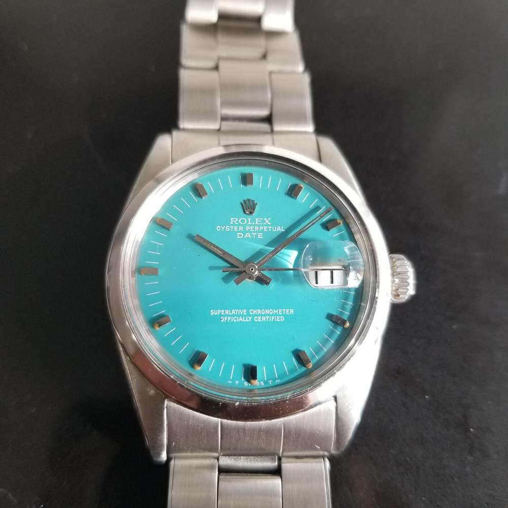 Iconic classic, Men's Rolex Oyster Perpetual Date Ref.1500 automatic, c.1966. Verified authentic by a master watchmaker. Stunning original Rolex-signed dial restored in custom sky blue, applied indice hour markers, minute and hour hands, sweeping