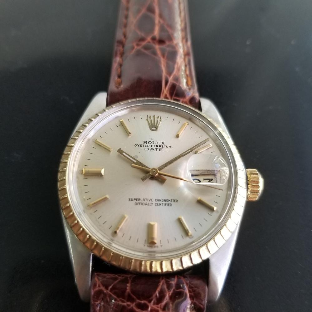 Timeless icon, Men's 14k gold & stainless steel Rolex Oyster Perpetual Date Ref.1505 automatic, c.1971. Verified authentic by a master watchmaker. Gorgeous original, unrestored Rolex-signed gilt dial, applied indice hour markers, lumed minute and