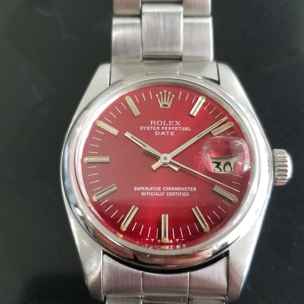 Iconic classic, men's Rolex Oyster Perpetual Date Ref.1500 automatic, c.1979. Verified authentic by a master watchmaker. Stunning Rolex-signed reed dial, original dial restored in custom red to exact specification, applied indice hour markers,