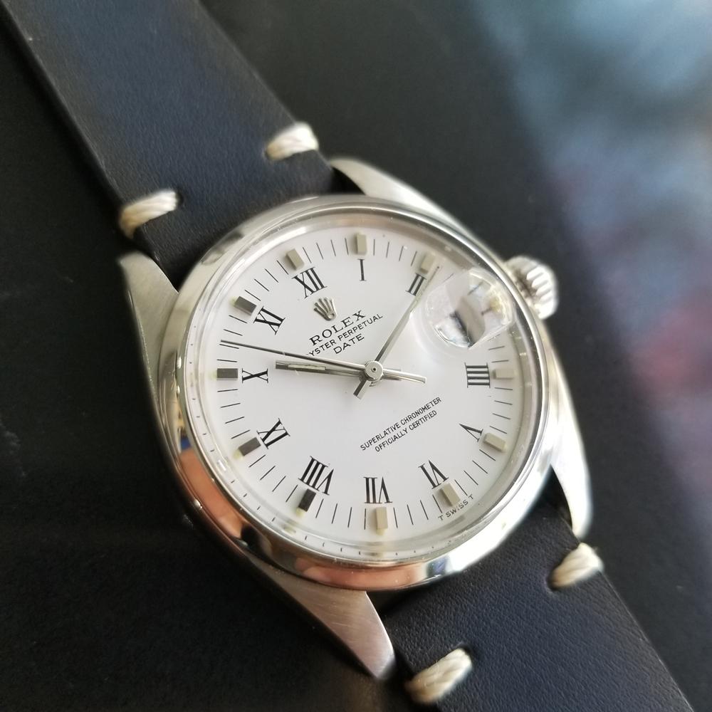 Iconic classic, men's Rolex Oyster Perpetual Date Ref.1500 automatic, c.1979. Verified authentic by a master watchmaker. Gorgeous original Rolex-signed white dial, applied indice and black Roman numeral hour markers, lumed minute and hour hands,