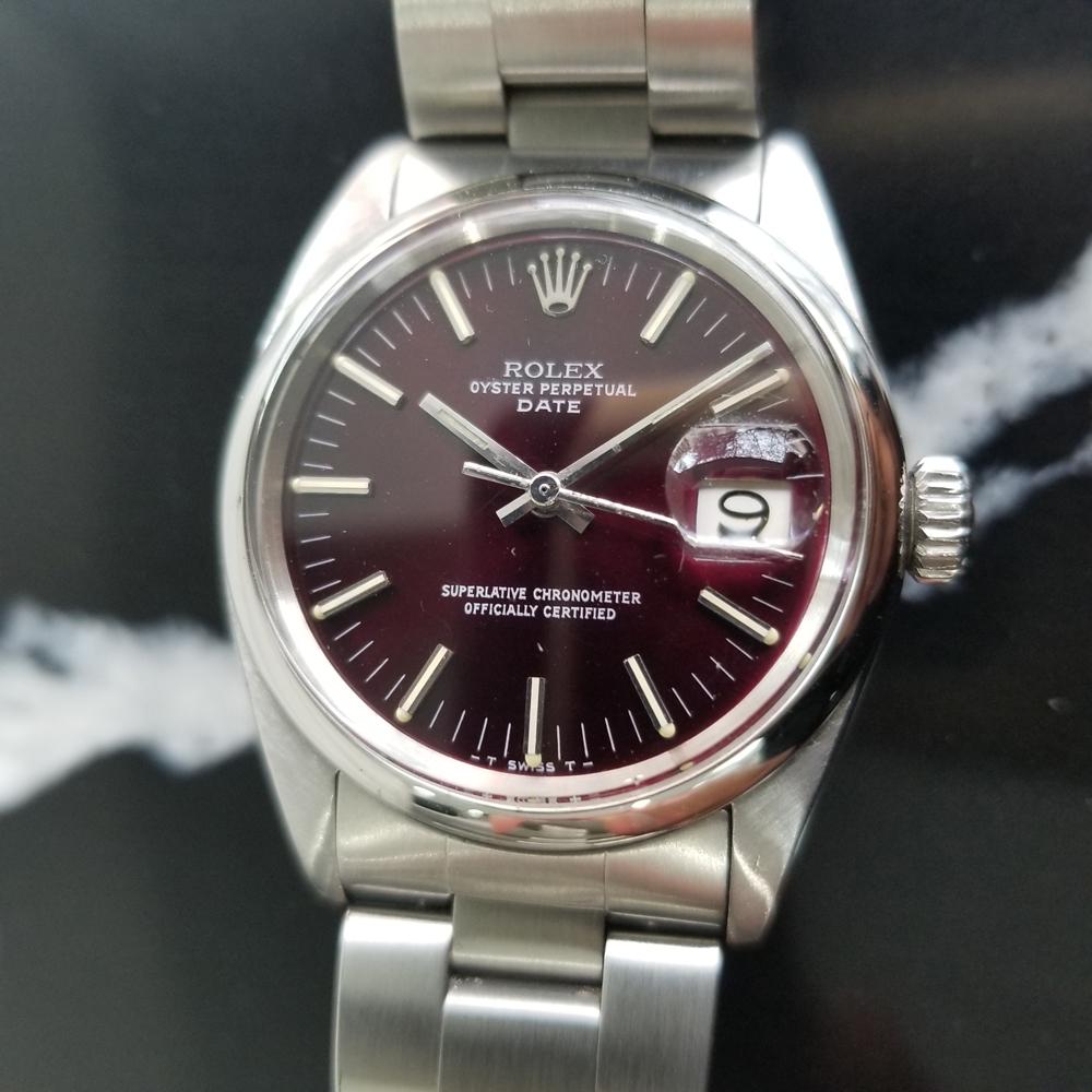 Timeless icon, Men's Rolex Oyster Perpetual Date ref.1501 automatic, c.1967. Verified authentic by a master watchmaker. Stunning original Rolex signed dial restored in custom burgundy, applied silver indice hour markers, date display at the 3