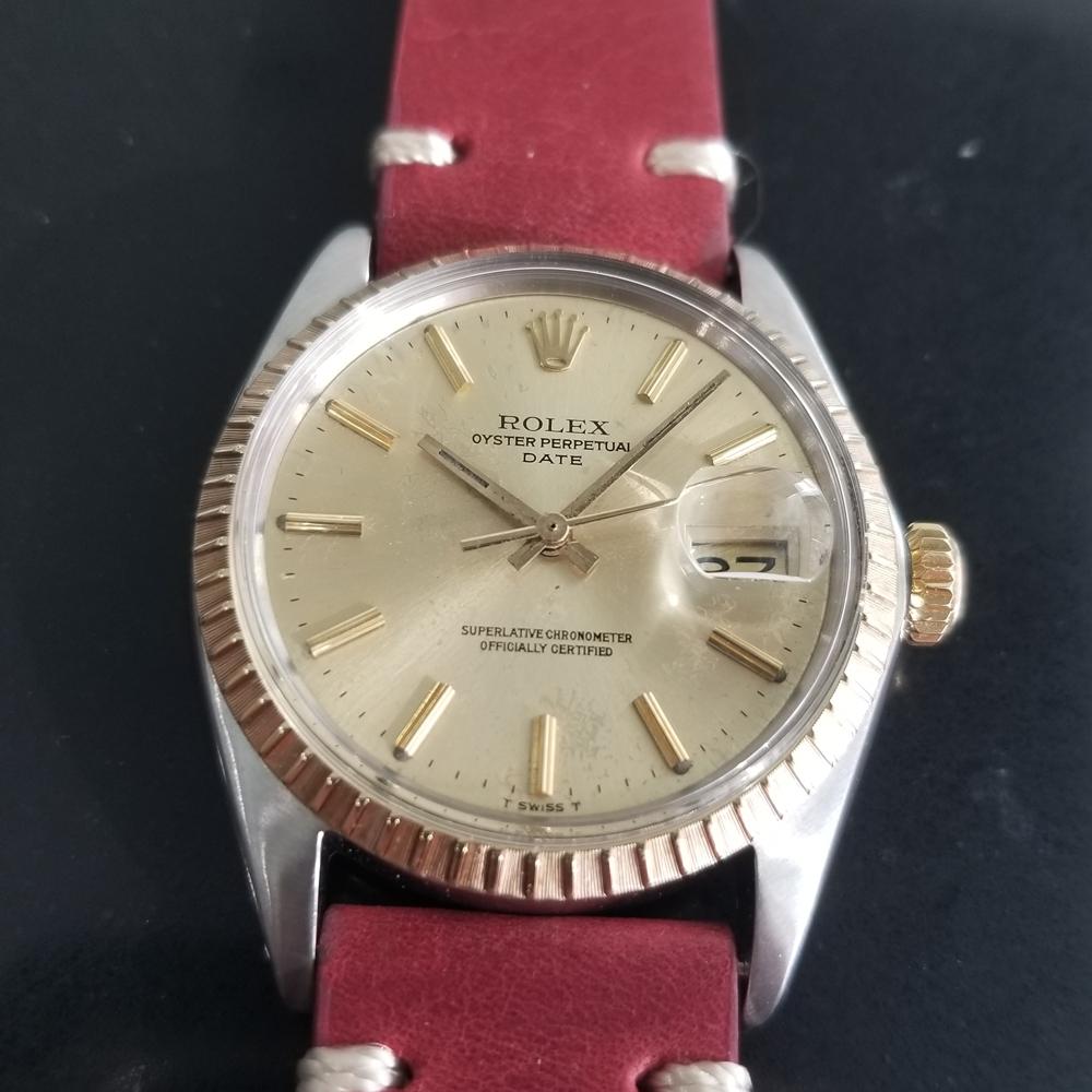 Timeless icon, Men's 18k gold & stainless steel Rolex Oyster Perpetual Date Ref.1505 automatic, c.1970. Verified authentic by a master watchmaker. Gorgeous original, unrestored Rolex-signed gilt dial, applied indice hour markers, lumed minute and