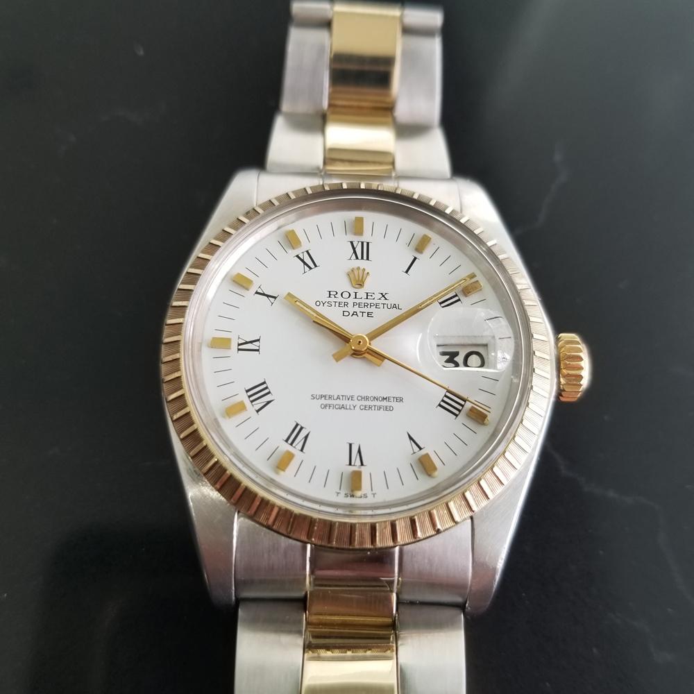 Timeless icon, Men's 14k gold & stainless steel Rolex Oyster Perpetual Date Ref.1505 automatic, c.1974, all orig. Verified authentic by a master watchmaker. Gorgeous Rolex-signed white dial, applied indice and Roman numeral hour markers, lumed