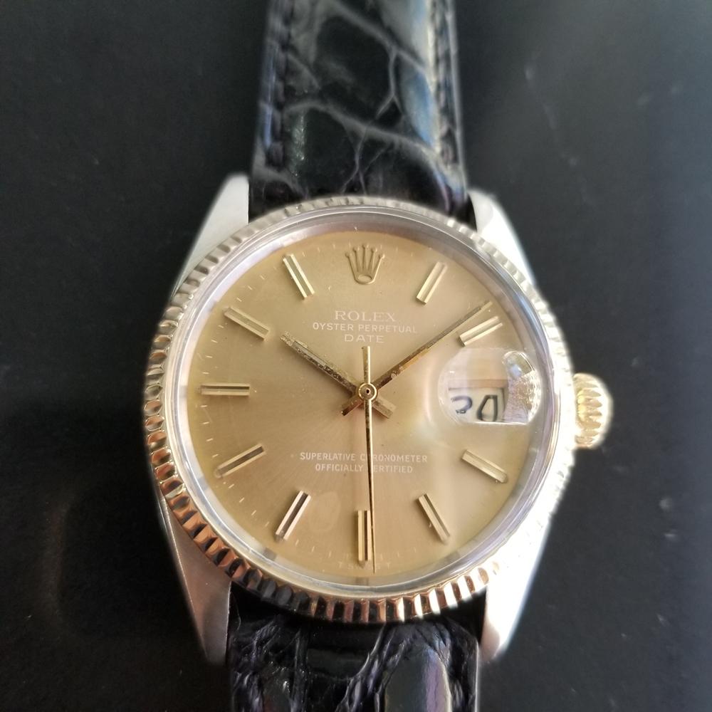 Timeless icon, Men's 14k gold & stainless steel Rolex Oyster Perpetual Date Ref.1505 automatic, c.1971. Verified authentic by a master watchmaker. Gorgeous original, unrestored Rolex-signed gilt dial, applied indice hour markers, lumed minute and