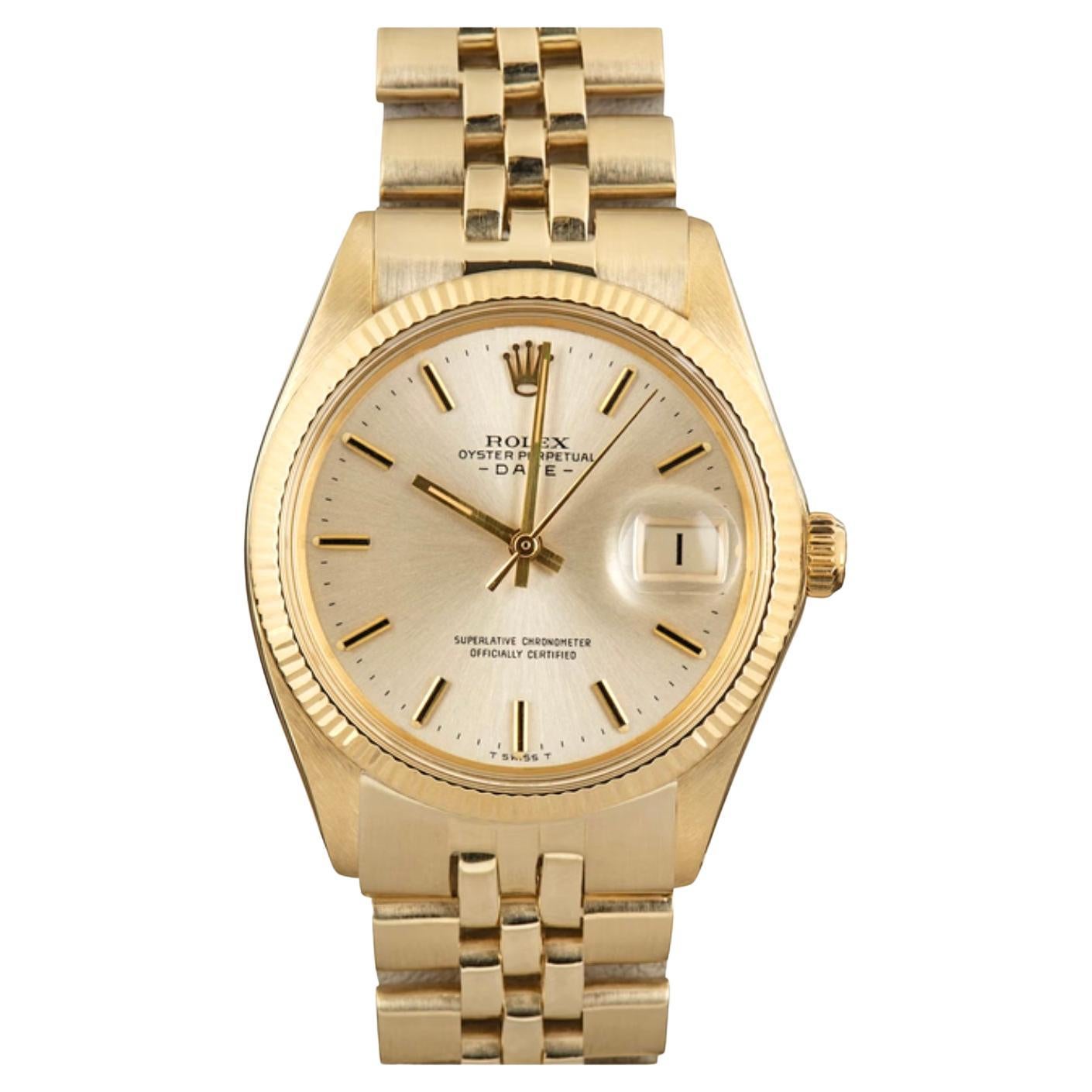 Modern Mens Rolex Oyster Perpetual Date Solid 14K Yellow Gold Watch Champagne Dial For Sale