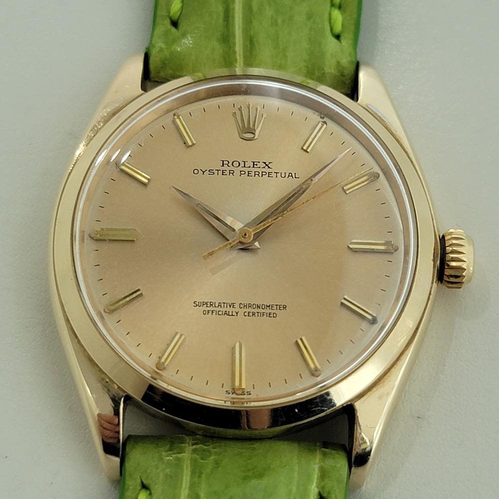 Timeless classic, men's 14 solid gold Rolex Oyster Precision ref.1002 automatic, c.1961, in excellent vintage condition. Verified authentic by a master watchmaker. Gorgeous, Rolex signed dial, applied indice baton hour markers, gilt minute and hour