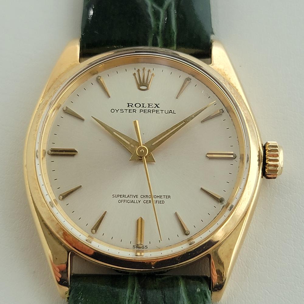 Luxurious classic, Men's 18k solid gold Rolex Oyster Precision ref.1002 automatic, c.1967, in excellent working condition. Verified authentic by a master watchmaker. Gorgeous, Rolex signed dial, applied indice baton hour markers, gilt minute and