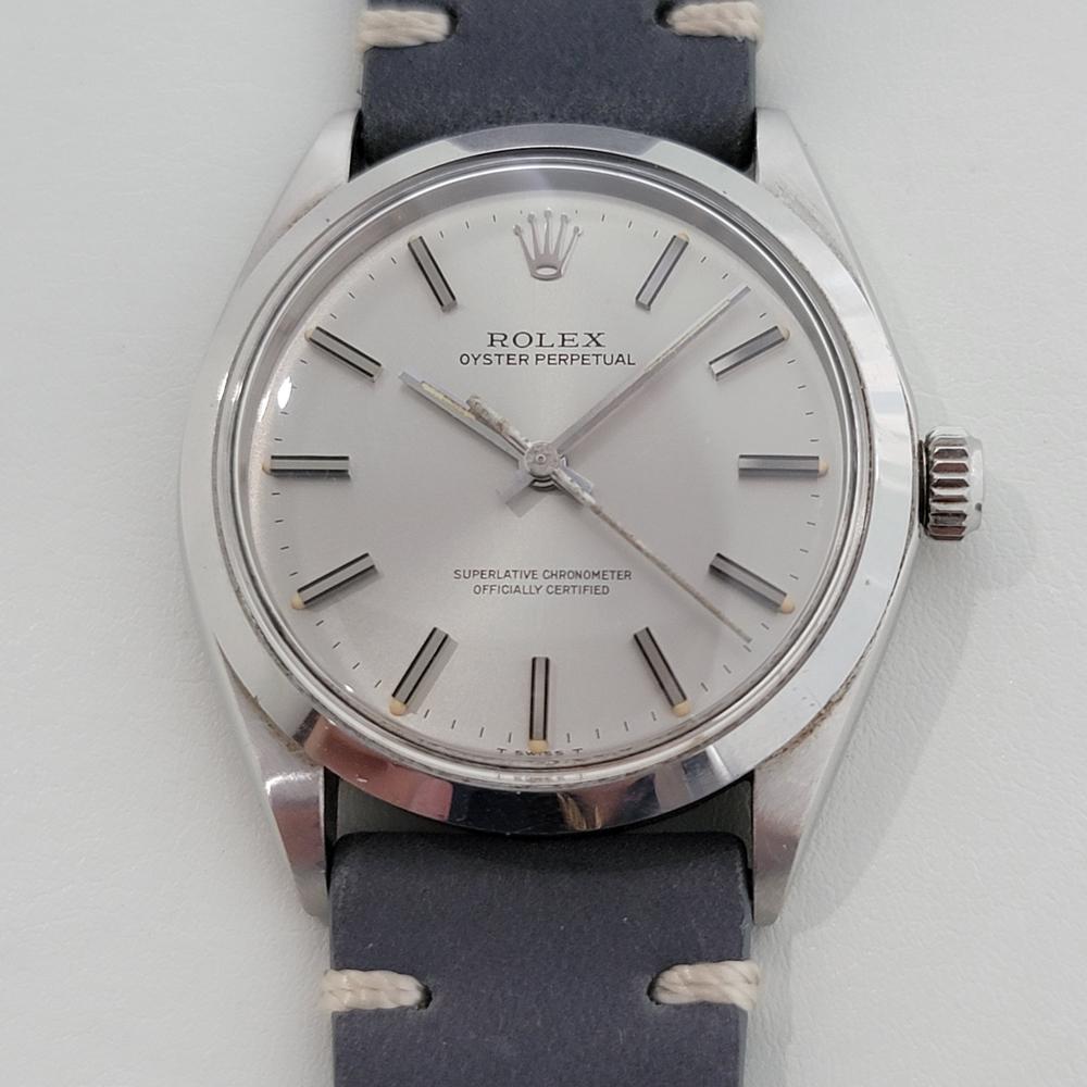 Iconic vintage, Men's Rolex Oyster Precision ref.1002 automatic, c.1970s. Verified authentic by a master watchmaker. Gorgeous, Rolex signed silver dial, in excellent vintage condition, applied indice hour markers, lumed silver minute and hour hands,
