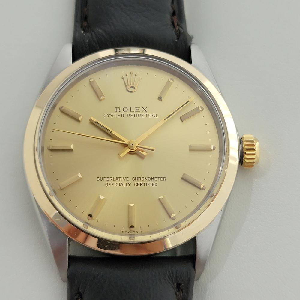 Luxurious classic, Men's Rolex Ref.1002 Oyster perpetual automatic dress watch, c.1960s. Verified authentic by a master watchmaker. Gorgeous Rolex signed gold dial, applied indice hour markers, gilt minute and hour hands, sweeping central second