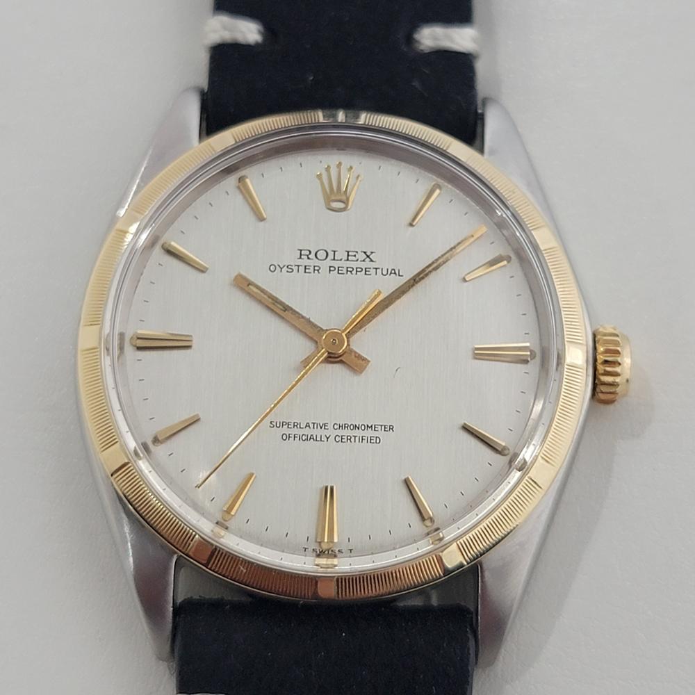 Vintage icon, Men's 14k gold and stainless steel Rolex Oyster Precision ref.1003 automatic, c.1966, in excellent working condition. Verified authentic by a master watchmaker. Gorgeous, Rolex signed dial, applied baton indice hour markers, gilt