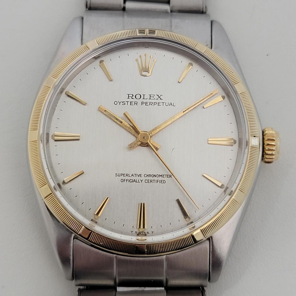 Vintage icon, Men's 14k gold and stainless steel Rolex Oyster Precision ref.1003 automatic, c.1966, in excellent working condition. Verified authentic by a master watchmaker. Gorgeous, Rolex signed dial, applied baton index hour markers, gilt minute
