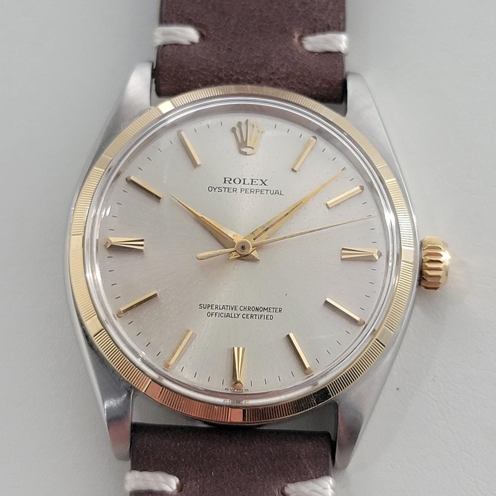 Vintage classic, Men's 14k gold and stainless steel Rolex Oyster Precision ref.1003 automatic, c.1962, in excellent working condition. Verified authentic by a master watchmaker. Gorgeous, Rolex signed dial, applied baton index hour markers, gilt