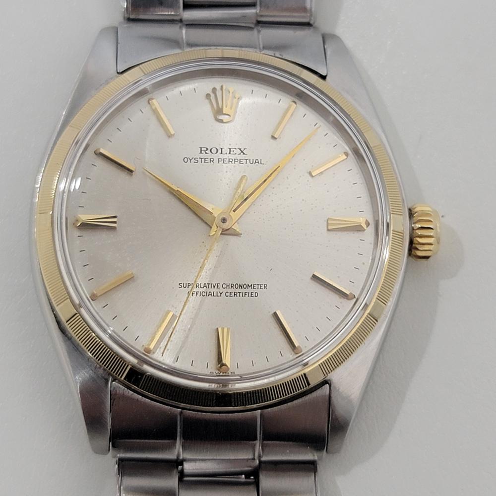 Timeless classic, Men's 14k gold and stainless steel Rolex Oyster Precision ref.1003 automatic, c.1962, in excellent working condition. Verified authentic by a master watchmaker. Gorgeous, Rolex signed dial, applied baton index hour markers, gilt