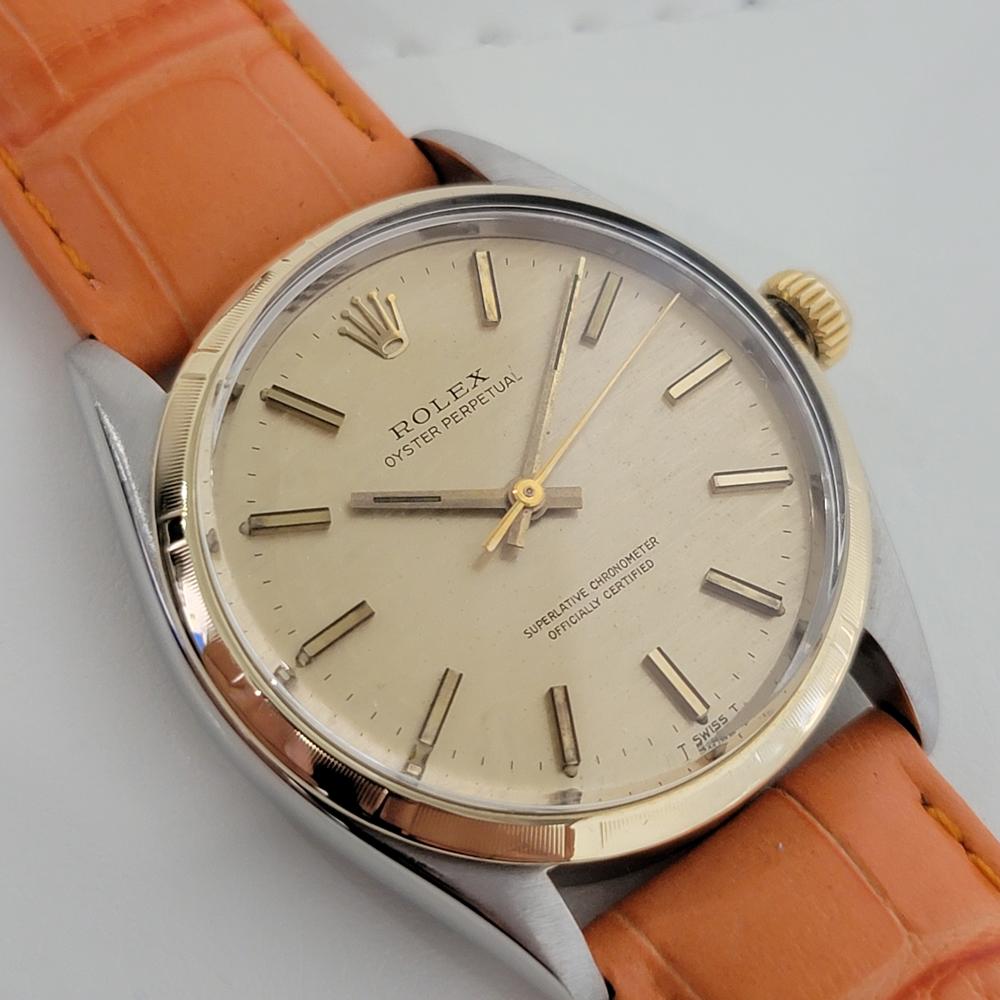 Timeless icon, Men's Rolex Oyster Perpetual ref.1003 solid 14k gold & stainless steel automatic, c.1965. Verified authentic by a master watchmaker. Gorgeous Rolex signed gold dial, applied indice hour markers, gilt minute and hour hands, sweeping