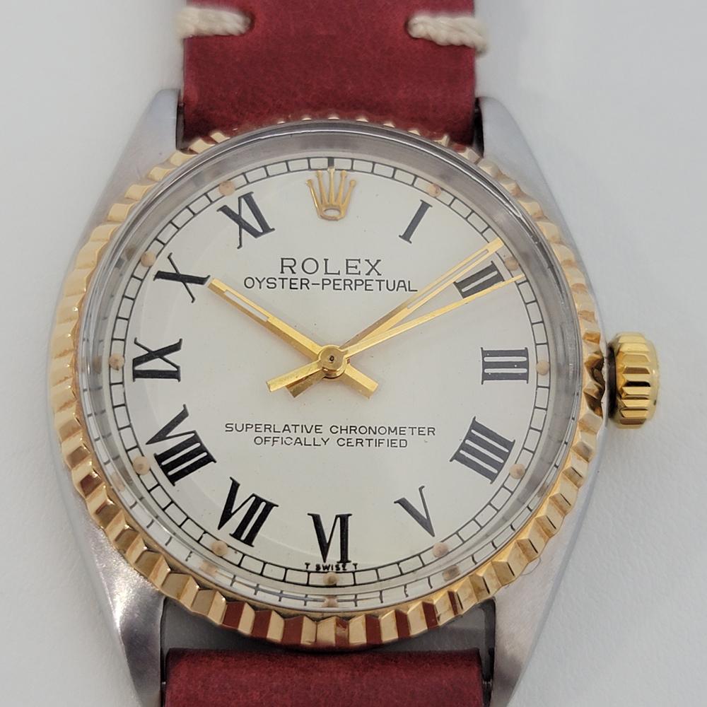 Timeless icon, Men's Rolex  solid 18k gold & stainless steel Oyster Perpetual automatic ref.1003, c.1961. Verified authentic by a master watchmaker. Gorgeous Rolex signed dial, Roman numeral hour markers, gilt minute and hour hands, sweeping central