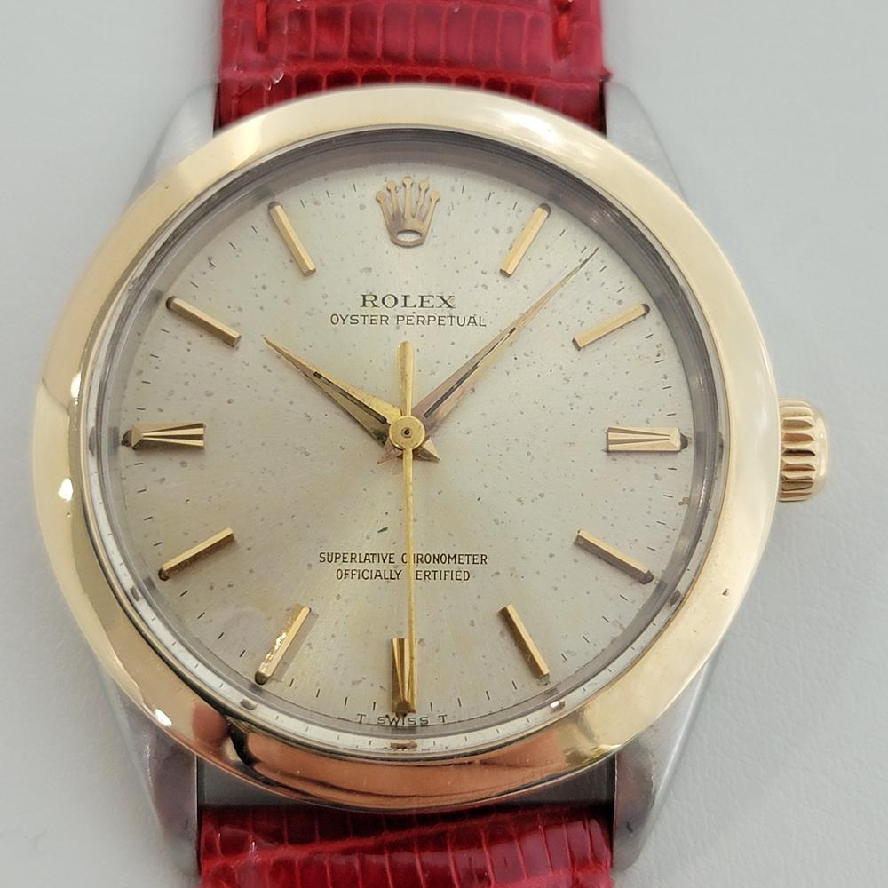 Ikonischer Klassiker, Rolex Oyster Perpetual Ref. 1005 Automatik aus 14 Karat Gold und Edelstahl für Herren, um 1964. Von einem Uhrmachermeister für echt befunden. Wunderschönes, unrestauriertes Rolex signiertes champagnerfarbenes Zifferblatt,