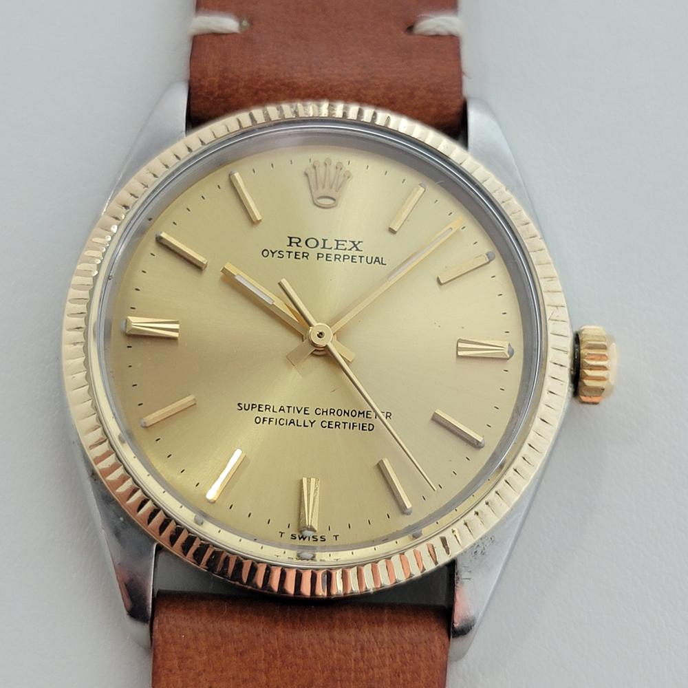 Iconic classic, Men's 18K gold & stainless steel Rolex Oyster Perpetual Ref.1005 automatic, c.1966. Verified authentic by a master watchmaker. Gorgeous Rolex signed gold dial, applied gold baton hour markers, gilt minute and hour hands, sweeping