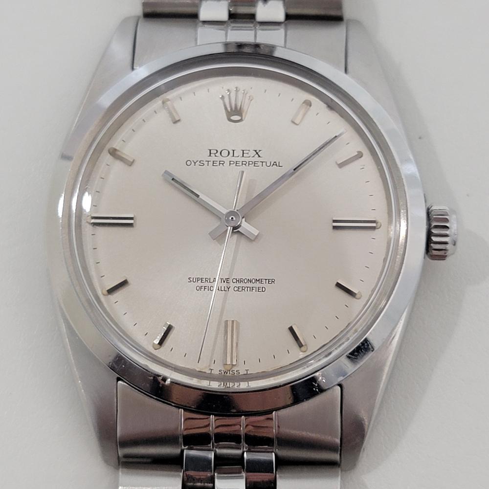 Un classico d'epoca, raro orologio automatico Rolex Ref.1018 Oyster perpetual da uomo, 1966 circa, in eccellenti condizioni di funzionamento. Verificato autentico da un maestro orologiaio. Splendido quadrante d'argento firmato Rolex, indici a
