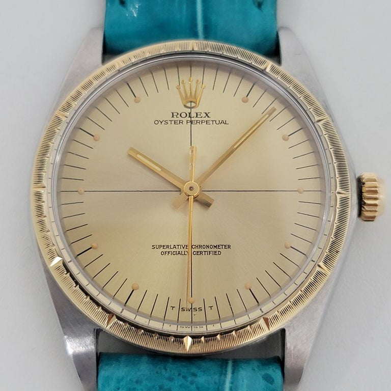 Timeless icon, Men's Rolex Oyster Perpetual ref.1038 Zephyr, solid 18k gold & stainless steel automatic, c.1969. Verified authentic by a master watchmaker. Gorgeous Rolex signed gold quadrant dial, applied droplet numeral hour markers, gilt minute